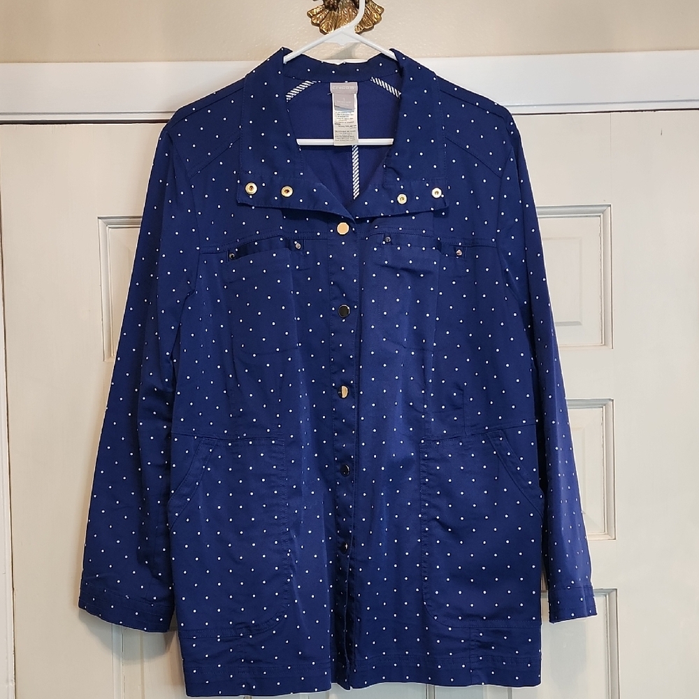 Chico's Blue Polka Dot Versatile Utility Jacket  Snap Close 4 Front Pockets